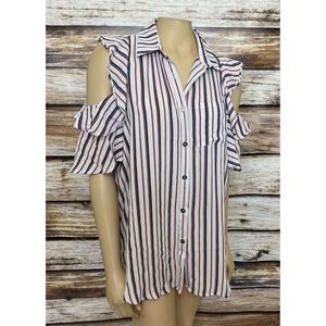 Umgee Med White Blue Striped Cold Shoulder Top